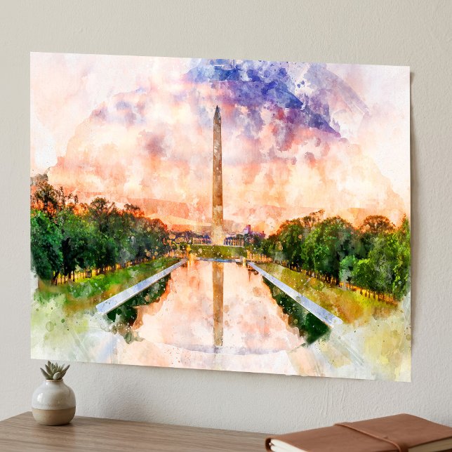 Washington Monument Vattenfärg Solnedgångsreflekti Poster (Washington Monument Watercolor Sunset Reflection. Poster)