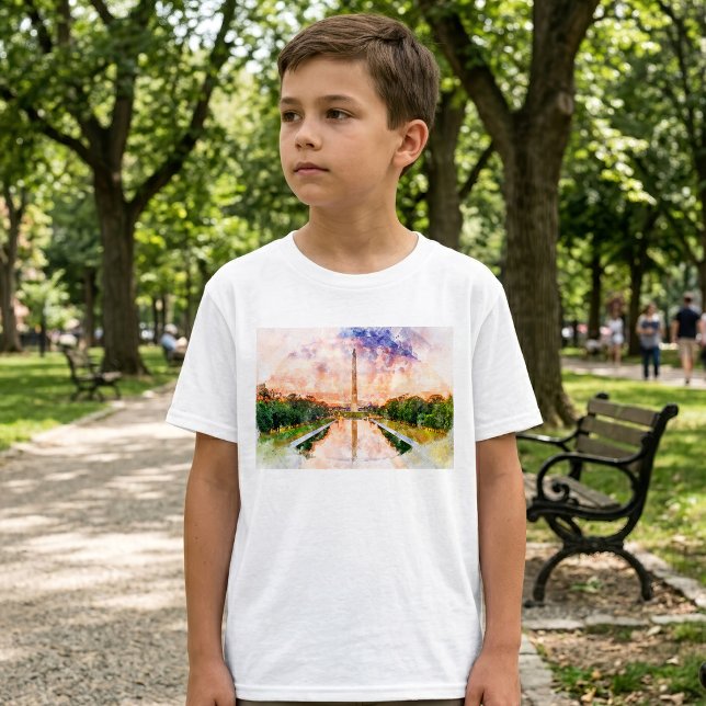 Washington Monument Vattenfärg Solnedgångsreflekti T Shirt (Washington Monument Watercolor Sunset Reflection. Boy Basic White T-Shirt)