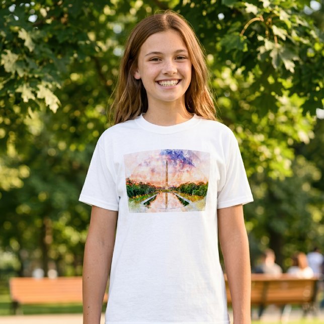 Washington Monument Vattenfärg Solnedgångsreflekti T Shirt (Washington Monument Watercolor Sunset Reflection. Girl Basic White T-Shirt)