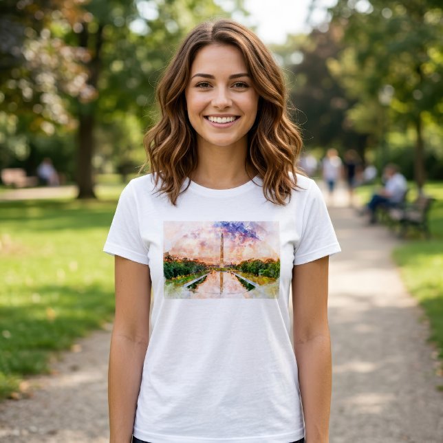 Washington Monument Vattenfärg Solnedgångsreflekti T Shirt (Washington Monument Watercolor Sunset Reflection. Women Basic White T-Shirt)