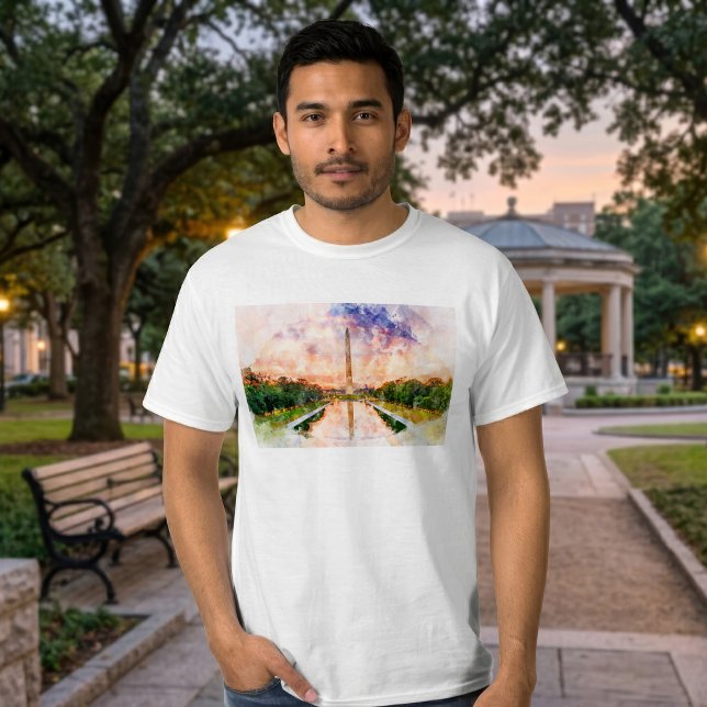 Washington Monument Vattenfärg Solnedgångsreflekti T Shirt (Washington Monument Watercolor Sunset Reflection. Men Basic White T-Shirt)