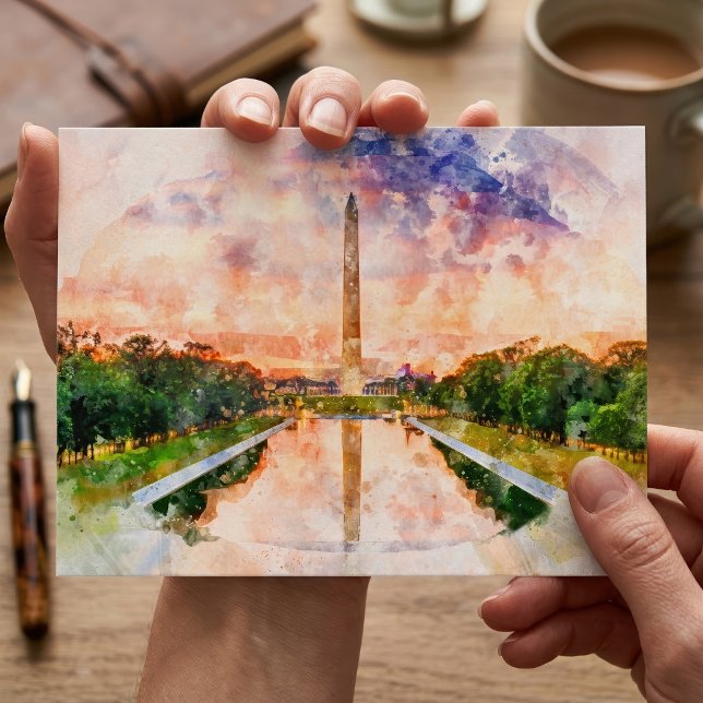 Washington Monument Vattenfärg Solnedgångsreflekti Vykort (Washington Monument Watercolor Sunset Reflection. Postcard)