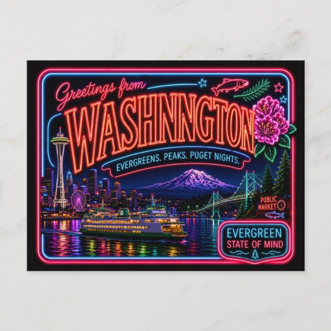 Washington Neon Stat Retro Vintage Vykort (Framsida)