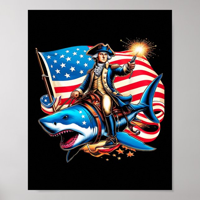 Washington Riding Shark Funny juli 4:e amerikanska Poster (Framsidan)