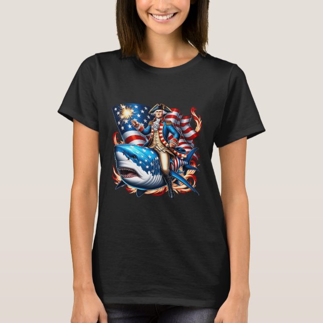 Washington Riding Shark Funny juli 4:e amerikanska T Shirt (Framsida)