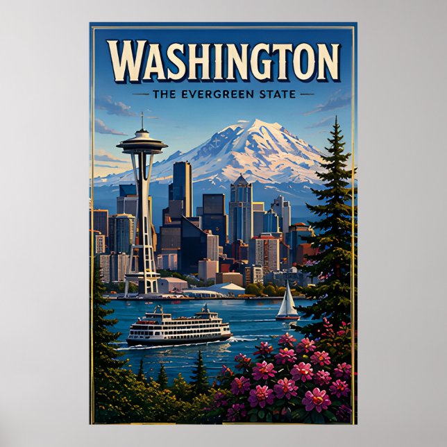 Washington Seattle Siluett Berg Strandpromenad Poster (Framsidan)