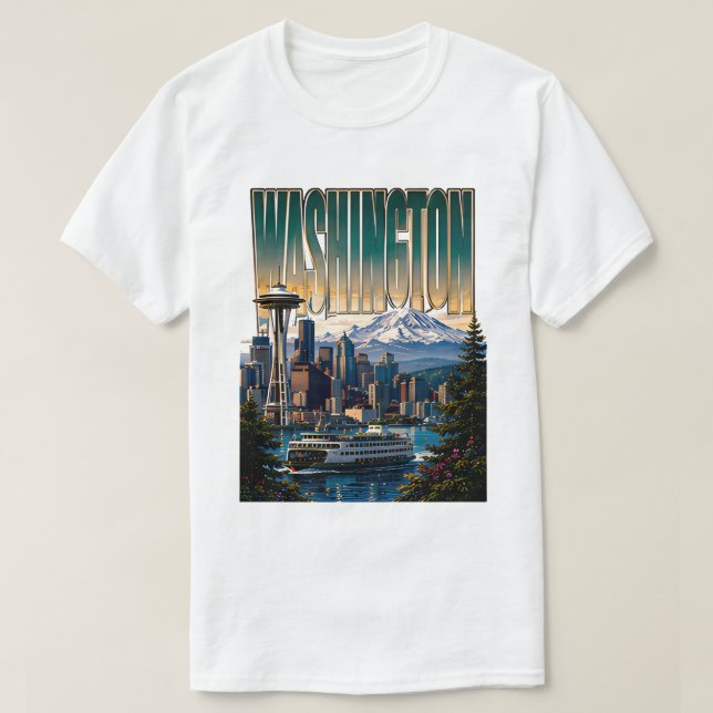 Washington Seattle Siluett Ständigt Grön Bergsutsi T Shirt (Design framsida)
