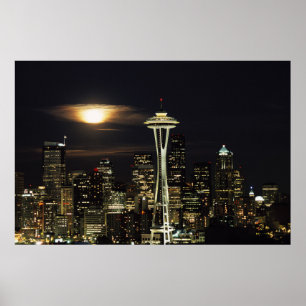 Washington, Seattle, Skyline på natten från Kerr Poster