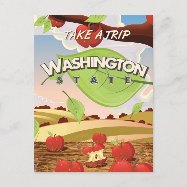 Washington State Äppelträd Resa Affisch Tecknad Vykort (Framsida)