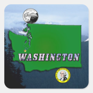 Washington State Karta Faux Quarter, Seal, bergen Fyrkantigt Klistermärke