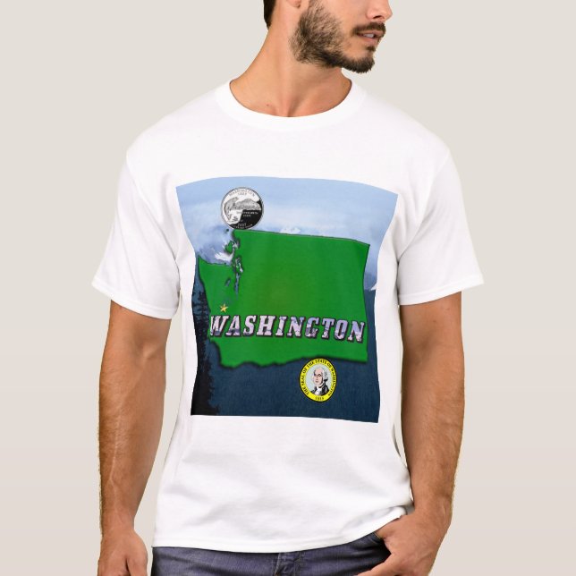 Washington State Karta Faux Quarter, Seal, bergen Tee Shirt (Framsida)