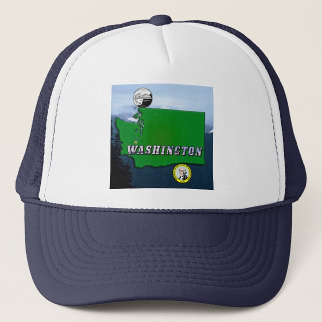 Washington State Karta Faux Quarter, Seal, bergen Truckerkeps (Framsida)