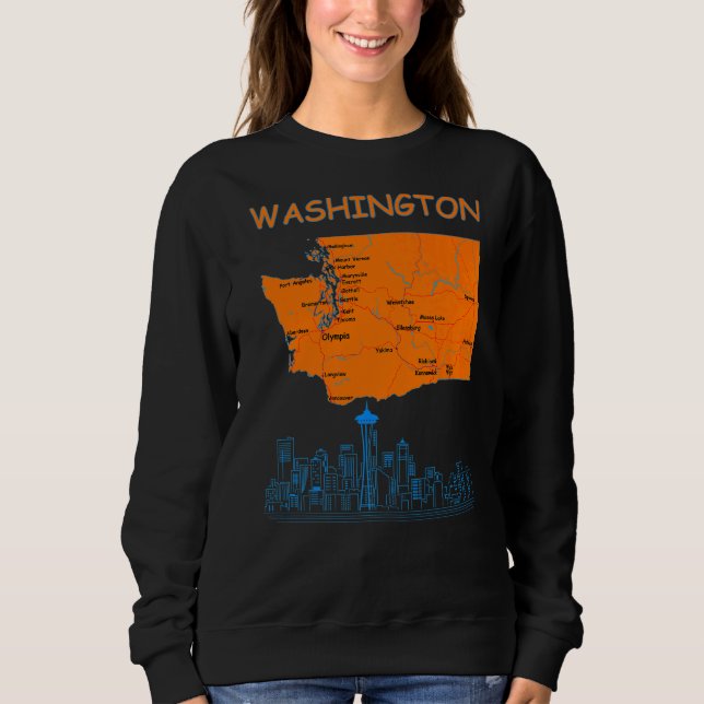 Washington State Karta major Cities City Skyline T Shirt (Framsida)