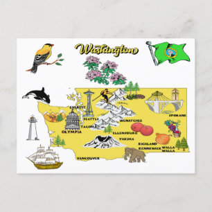 Washington State Karta med turistdestinationer Vykort