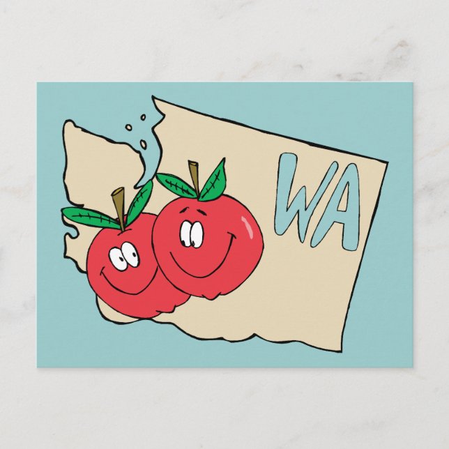 Washington State WA Tecknad Karta med Apple Art Vykort (Framsida)