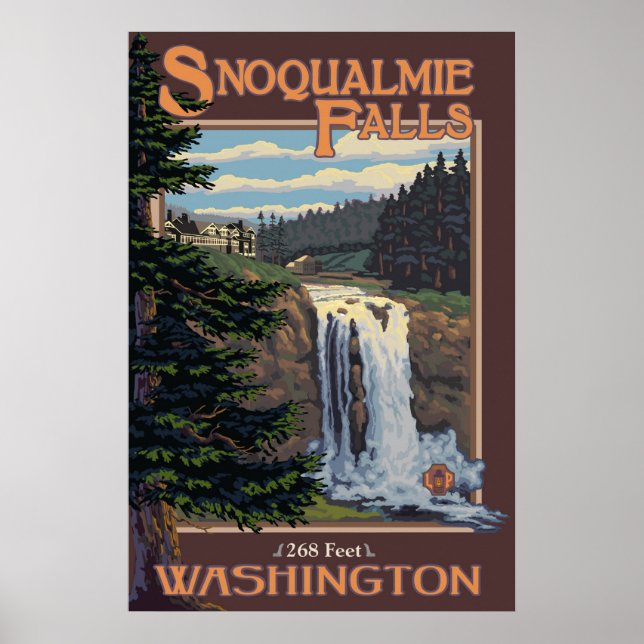 Washington Travel Poster för Snoqualmie Falls (dag (Framsidan)