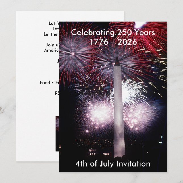 Washingtonmonumenten 250 år 4 juli-fest inbjudningar (Fram/baksida)