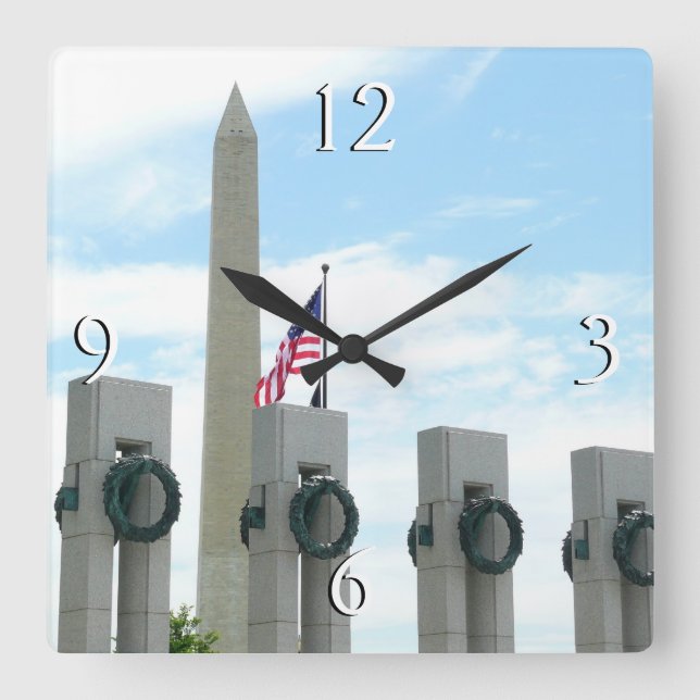 Washingtonmonumentet och WWII-minnesmärket i DC Fyrkantig Klocka (Framsida)
