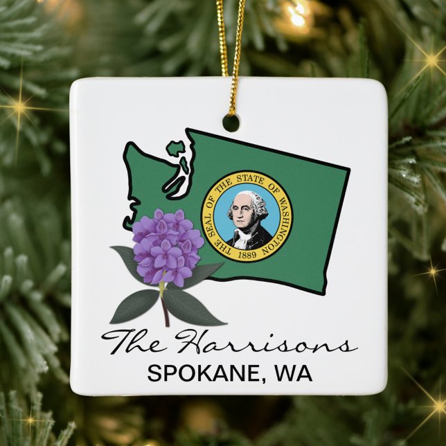 Washingtons flagga och blomma Stillahavsrododendro Julgransprydnad Keramik (Skapare uppladdad)