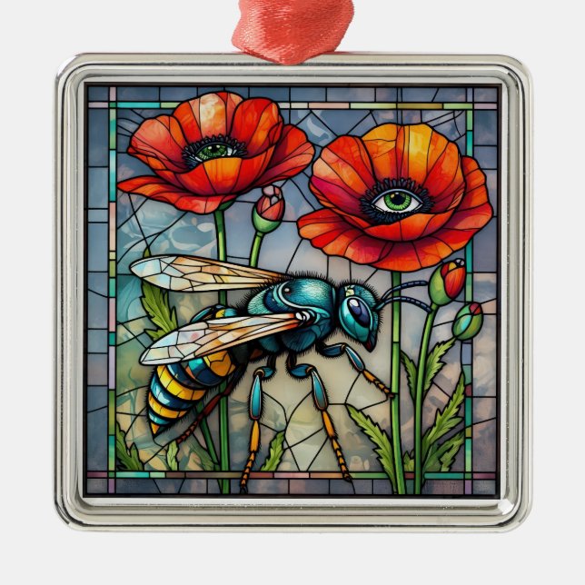 Wasp hornet bee stained glass vibrant poppy flower julgransprydnad metall (Framsidan)
