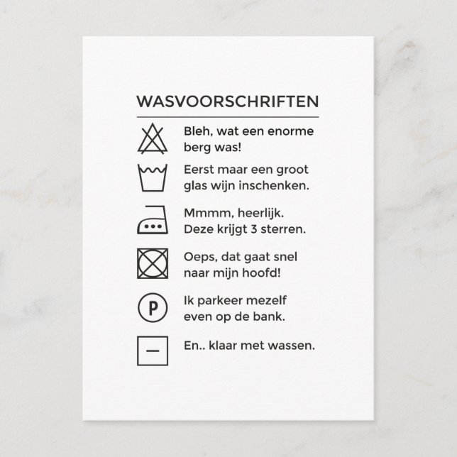 Wasvoorschriften met wijn, grappige tekst kaart helg vykort (Framsida)