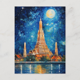 Wat Arun Bangkok Thailand Tempeln Natt Akvarell Vykort