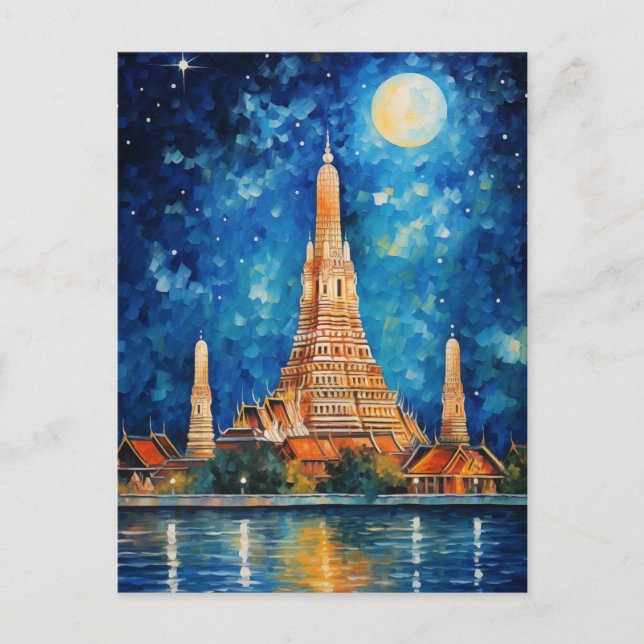 Wat Arun Bangkok Thailand Tempeln Natt Akvarell Vykort (Framsida)