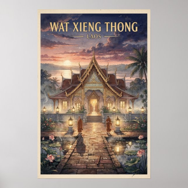 Wat Xieng Thong Laos Vintage Resa Poster (Framsidan)