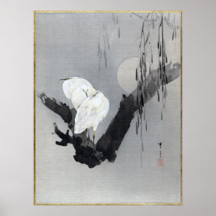 Watanabe Seitei Egrets i ett träd på natten Poster
