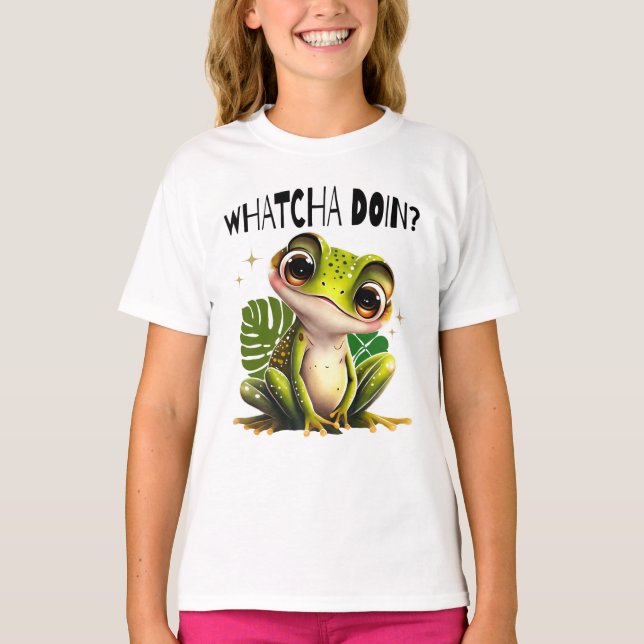 Watcha Doing? Lönsam Nyfiken Frog T Shirt (Framsida)