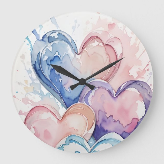Water Colour Painted Hearts Stor Klocka (Framsida)