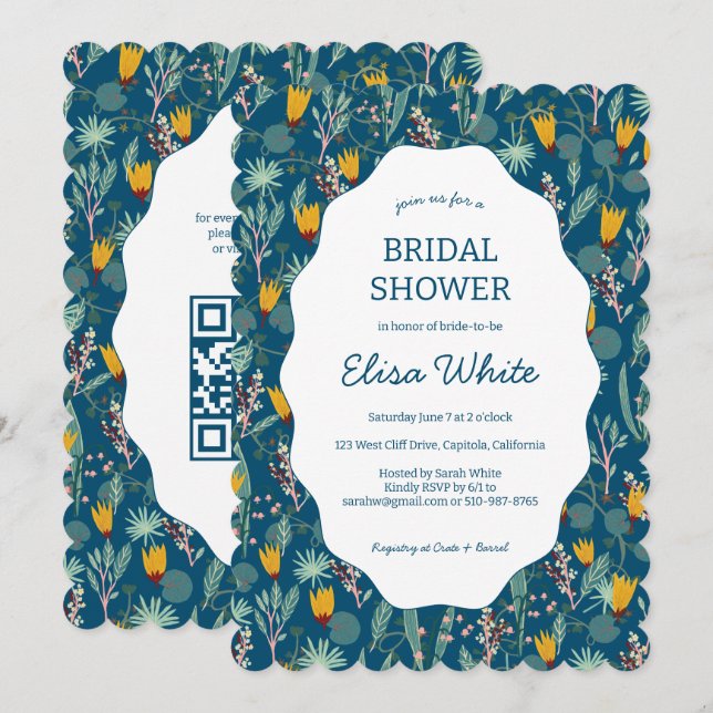 Water Garden Floral Bridal Shower Cute CUSTOM QR Inbjudningar (Fram/baksida)