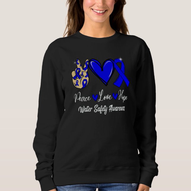 Water Safety Awareness Peace Love Hope Blue Ribbon T Shirt (Framsida)
