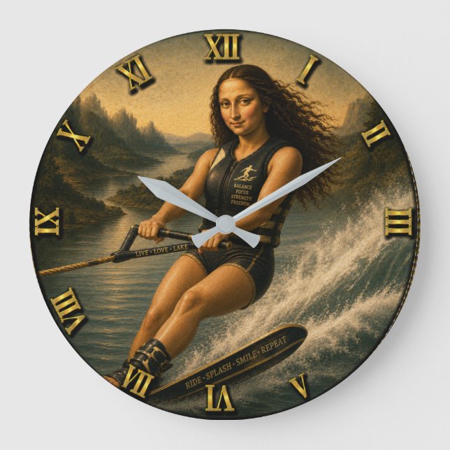 Water Skiing Funny Mona Lisa Gift for Lake & Water Stor Klocka (Framsida)