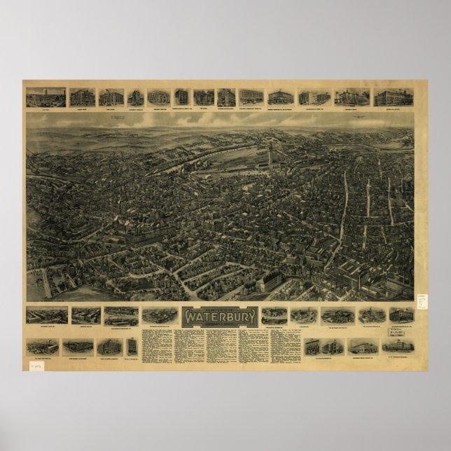 Waterbury Connecticut 1917 Antique Panoramic Karta Poster (Framsidan)