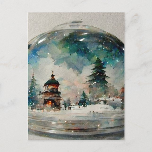 Waterclor Snowglobe vid jul Vykort (Framsida)