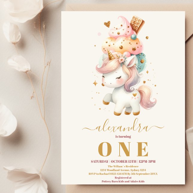 Watercolo Ice Cream Unicorn 1:a Birthday Pastel Inbjudningar (Skapare uppladdad)