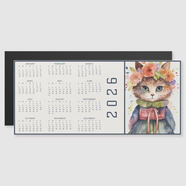 Watercolor Abstract Cat Dressed Florals Calendar (Fram/baksida)