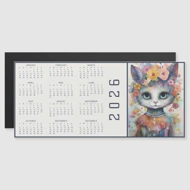 Watercolor Abstract Cat Dressed Florals Calendar (Fram/baksida)