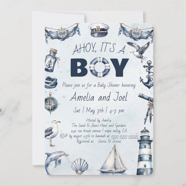 Watercolor Ahoy är en pojk-nautical Baby Shower Inbjudningar (Framsida)