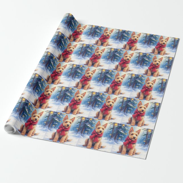 Watercolor Airedale Terrier Snowy Christmas Presentpapper (Utrullad)