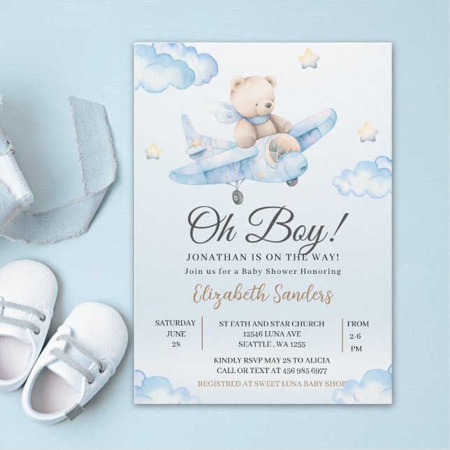 Watercolor Airplane Teddy Bear Baby Shower Inbjudningar (Skapare uppladdad)