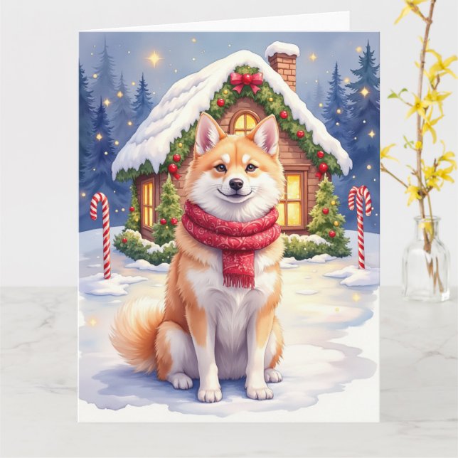 Watercolor Akita Gingerbread House Christmas  Kort (Gul blomma)