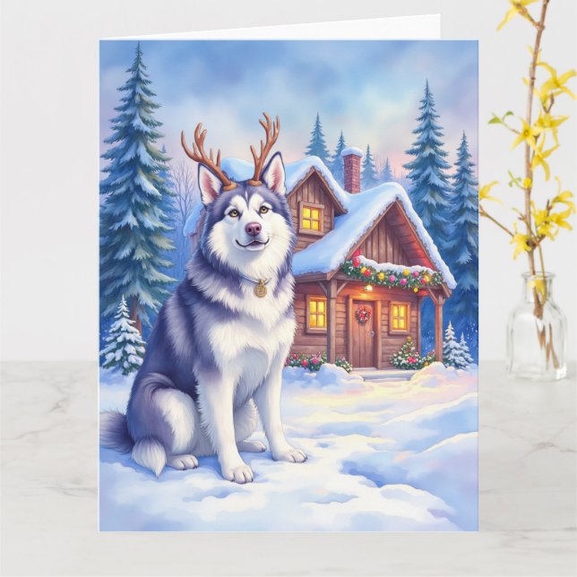 Watercolor Alaskan Malamute Reindeer Christmas Kort (Gul blomma)
