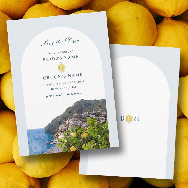 Watercolor Amalfi Coast Arch Italy Lemons Wedding Spara Datumet (Watercolor Amalfi Coast Arch Italy Lemons Wedding Save The Date)