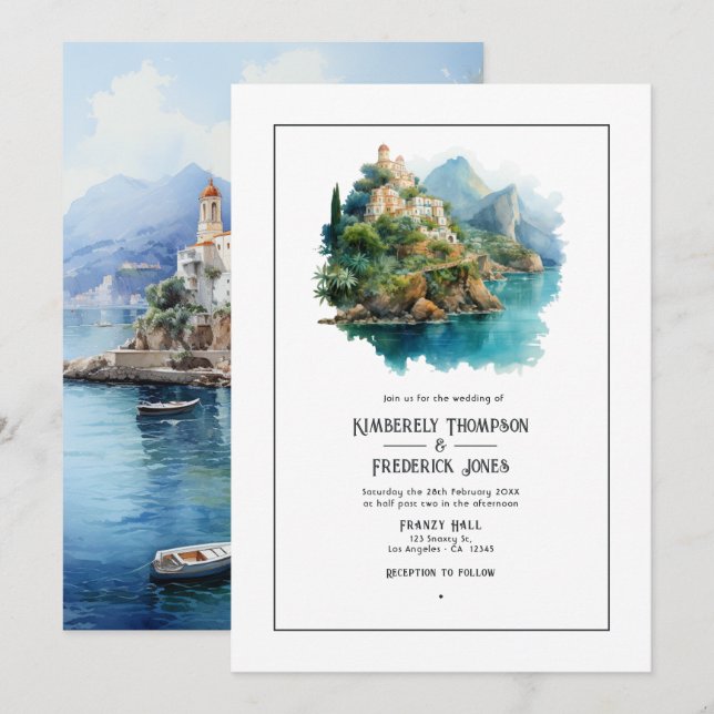 Watercolor Amalfi Kusten Italien Destination Weddi Inbjudningar (Fram/baksida)