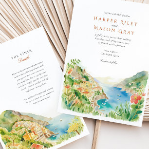 Watercolor Amalfi Kusten Italien Destination Weddi Inbjudningar
