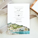Watercolor Amalfi Kusten Italien Skyline Bröllop Inbjudningar<br><div class="desc">Den här bröllopsinbjudan innehåller en vattenfärgsmålning av Amalfi Kusten skyline. Redigera enkelt *de flesta formuleringar* för att uppfylla dina evenemangsbehov. Ändra bakgrunden färg och lägg till ett eget foto på baksidan om du vill.</div>