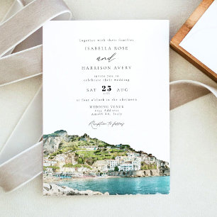 Watercolor Amalfi Kusten Italien Skyline Bröllop Inbjudningar