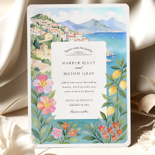 Watercolor Amalfi Kusten Lemon Blommar Bröllop Inbjudningar